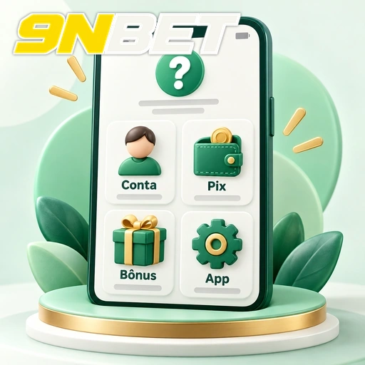 9NBET — ilustração de celular com categorias de ajuda sobre conta, Pix, bônus e aplicativo