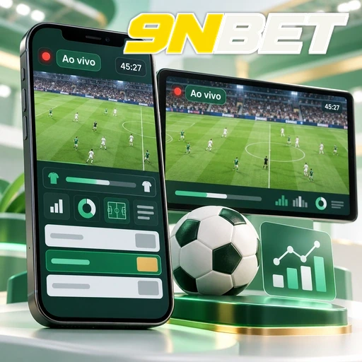 9NBET — ilustração de celular e tablet com uma partida de futebol ao vivo