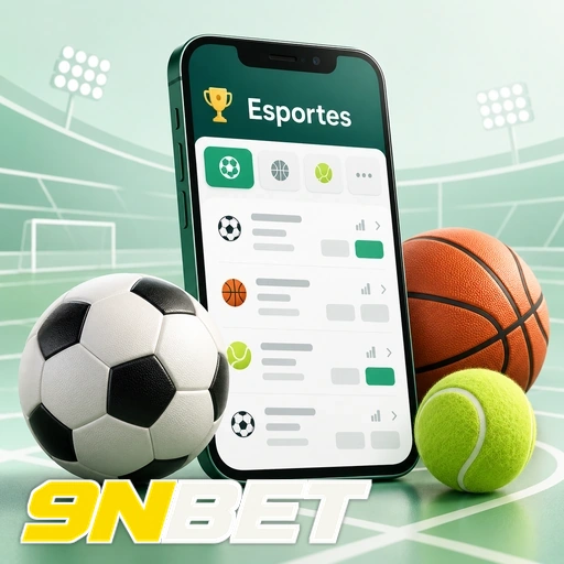 9NBET — ilustração de aplicativo esportivo com bolas de futebol, basquete e tênis