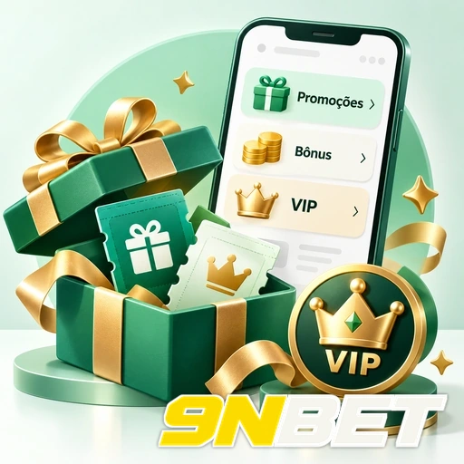 9NBET — ilustração de presentes, promoções e símbolo VIP ao lado de um celular