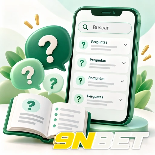 9NBET — ilustração de perguntas frequentes no celular com busca e pontos de interrogação