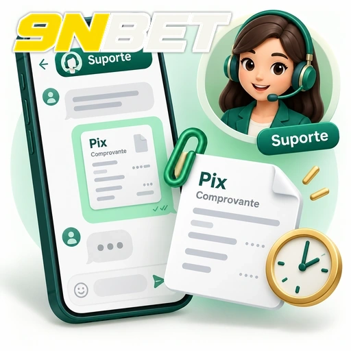 9NBET — ilustração de atendimento por chat com comprovante Pix e relógio