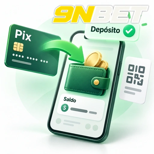 9NBET — ilustração de depósito Pix com QR code, carteira e saldo no celular