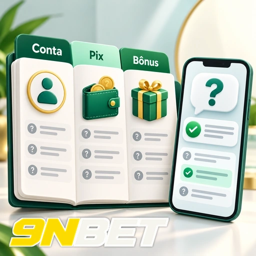 9NBET — ilustração de ajuda sobre conta, Pix e bônus em telas de celular