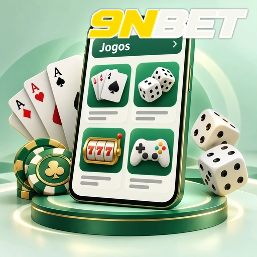 9NBET — ilustração de jogos no celular com cartas, dados e fichas