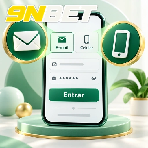 9NBET — ilustração de login no celular com opções de e-mail e número de telefone
