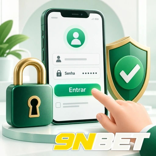 9NBET — ilustração de login no celular com cadeado e escudo de segurança