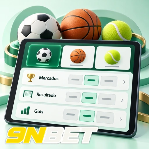 9NBET — ilustração de mercados esportivos em tablet com bolas de diferentes esportes