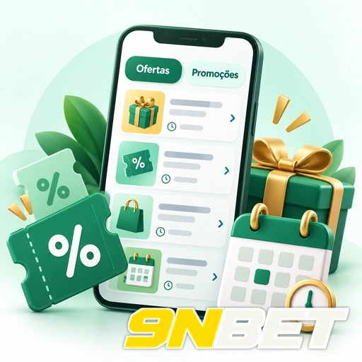 9NBET — ilustração de ofertas e promoções no celular com presentes e símbolos de porcentagem
