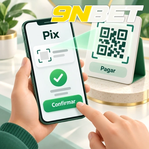 9NBET — ilustração de pagamento Pix no celular com QR code e confirmação
