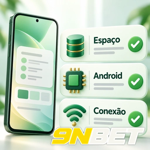 9NBET — ilustração dos requisitos de espaço, Android e conexão para o aplicativo