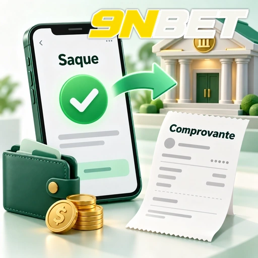 9NBET — ilustração de saque confirmado com carteira, moedas e comprovante