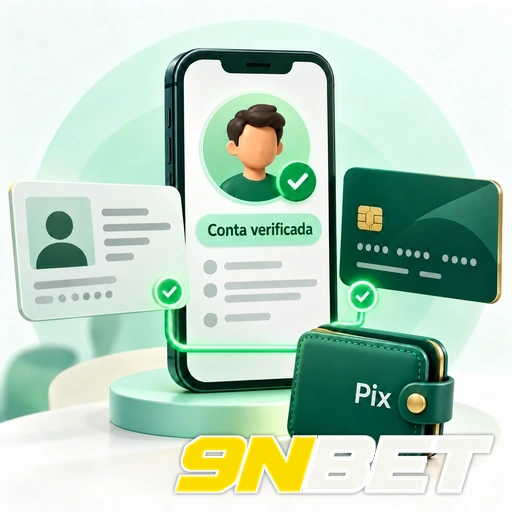 9NBET — ilustração de verificação de conta com documento de identidade, cartão e carteira Pix